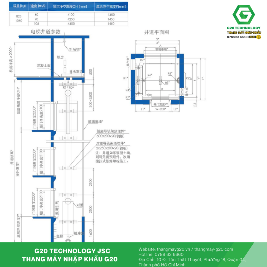 Thông số thiết kế thang máy kính vuông type 01