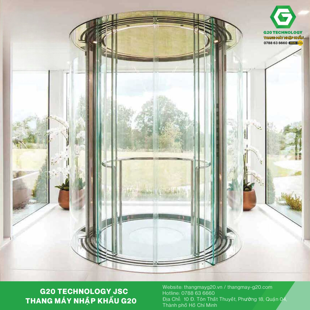 Thang máy kính tròn sử dụng kính cường lực và kim loại cao cấp