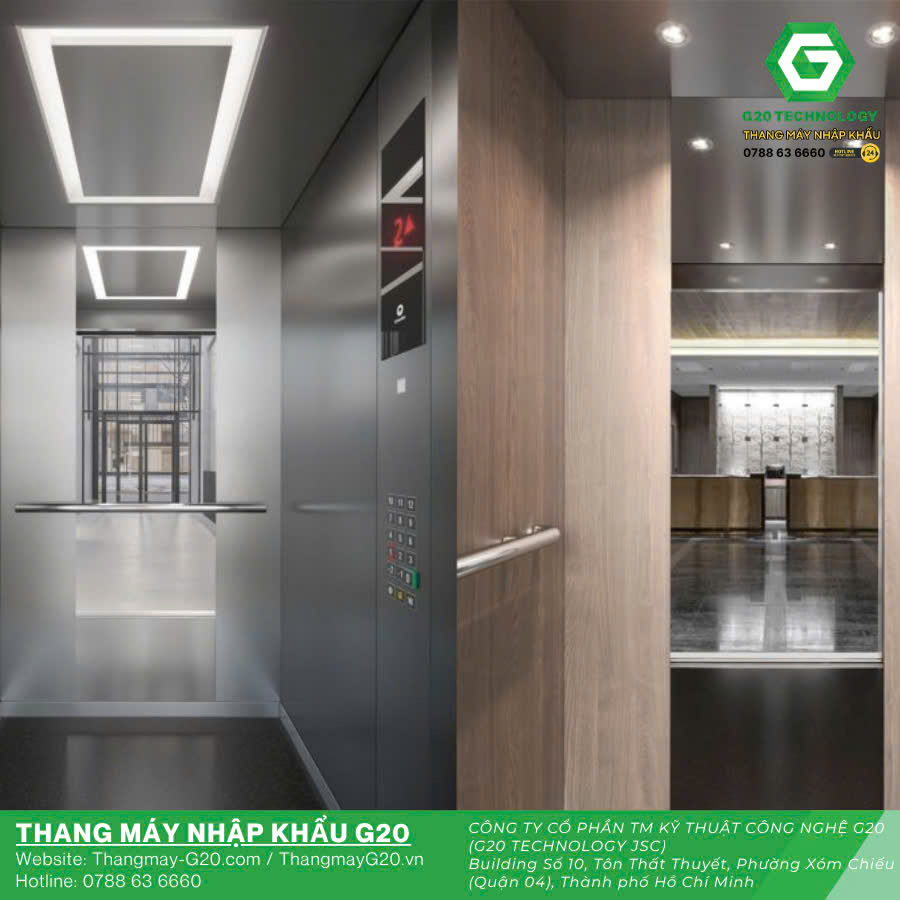 Thang máy Schindler ốp gỗ đơn giản nhã nhặn