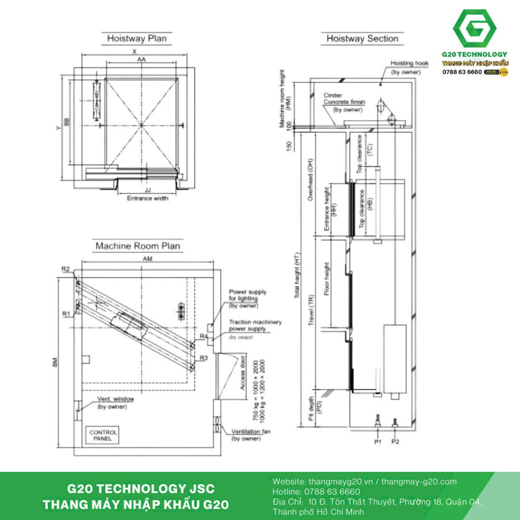 Bản vẽ thang máy Mitsubishi 750kg - 1000kg