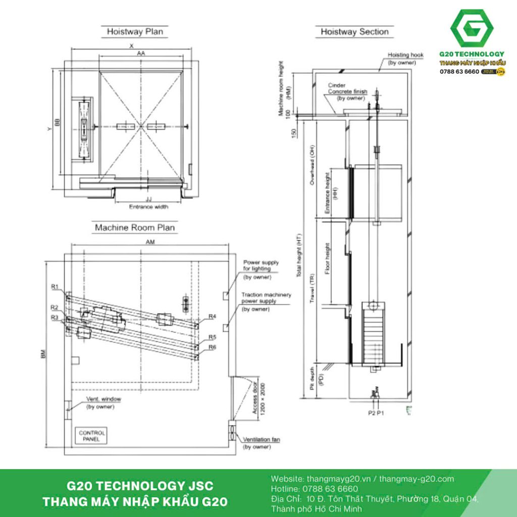 Bản vẽ thang máy nâng hàng 1500kg - 2000kg
